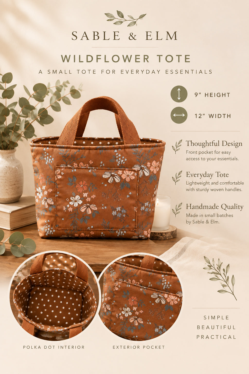 Wildflower Cotton Tote Bag – Small Handmade Tote with Exterior Pocket