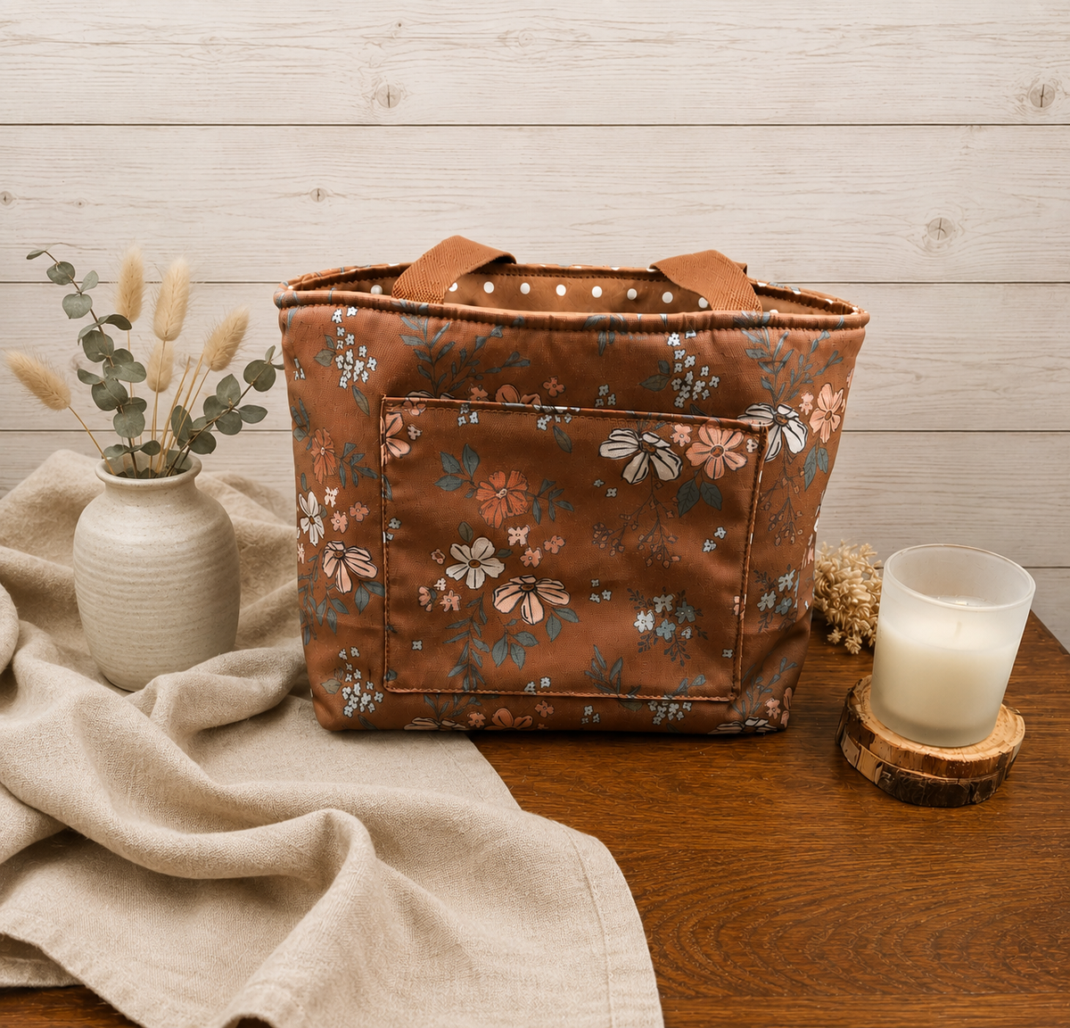 Wildflower Cotton Tote Bag – Small Handmade Tote with Exterior Pocket