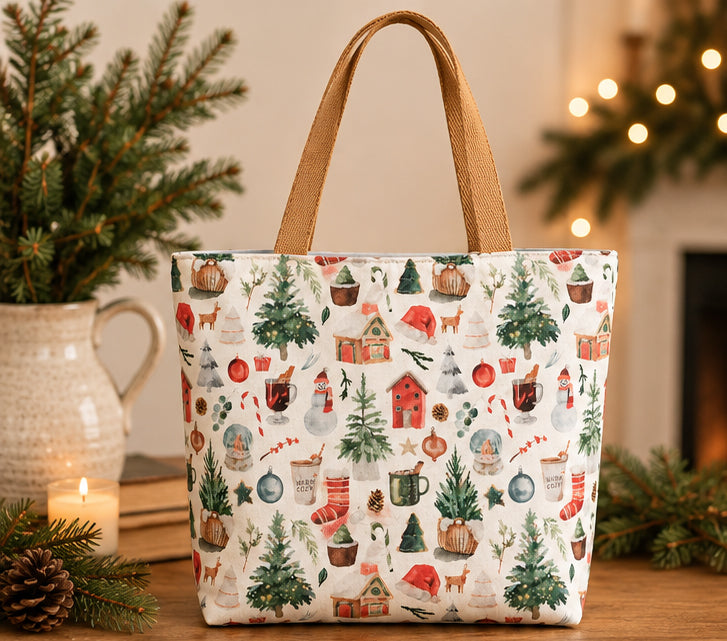 Winter Cottage Christmas Tote Bag – Handmade Seasonal Canvas Tote