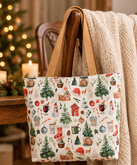 Winter Cottage Christmas Tote Bag – Handmade Seasonal Canvas Tote