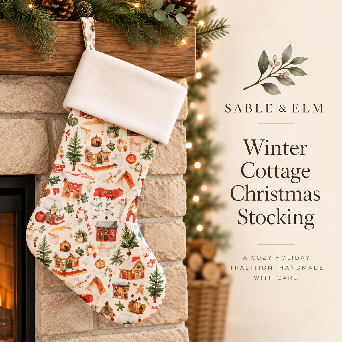 Winter Cottage Christmas Stocking – Handmade Holiday Stocking