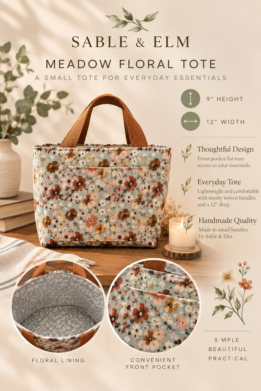 Meadow Floral Tote Bag – Small Handmade Tote with Front Pocket