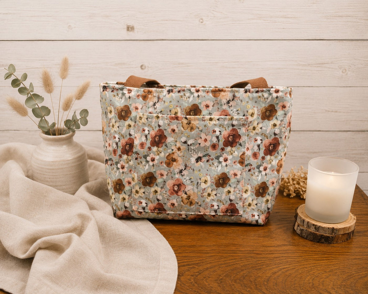 Meadow Floral Tote Bag – Small Handmade Tote with Front Pocket