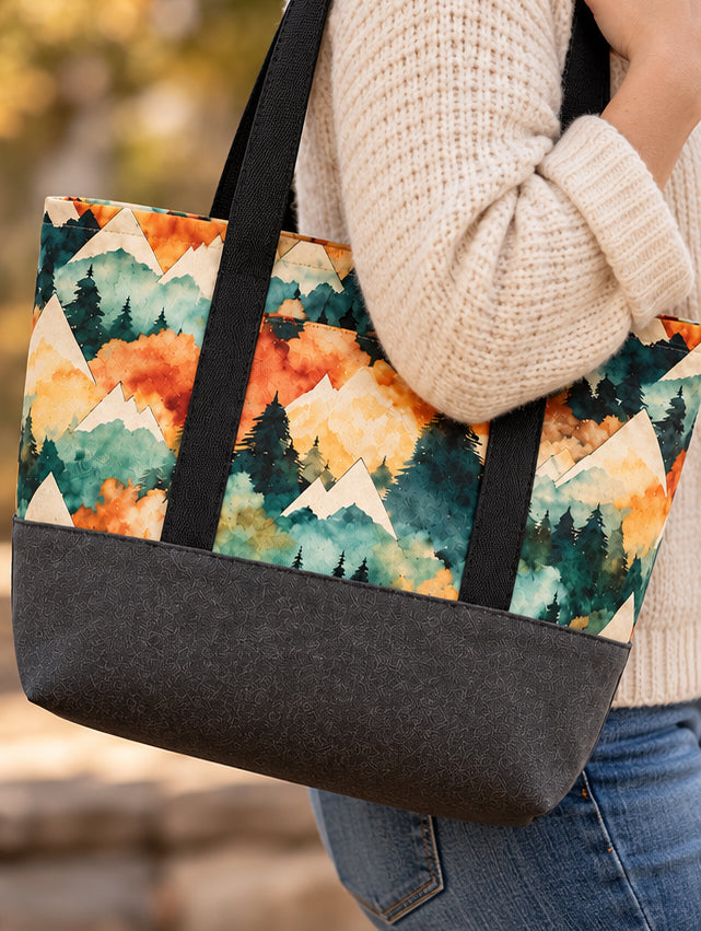 Mountain Forest Denim Tote Bag – Handmade Everyday Tote with Exterior Pocket