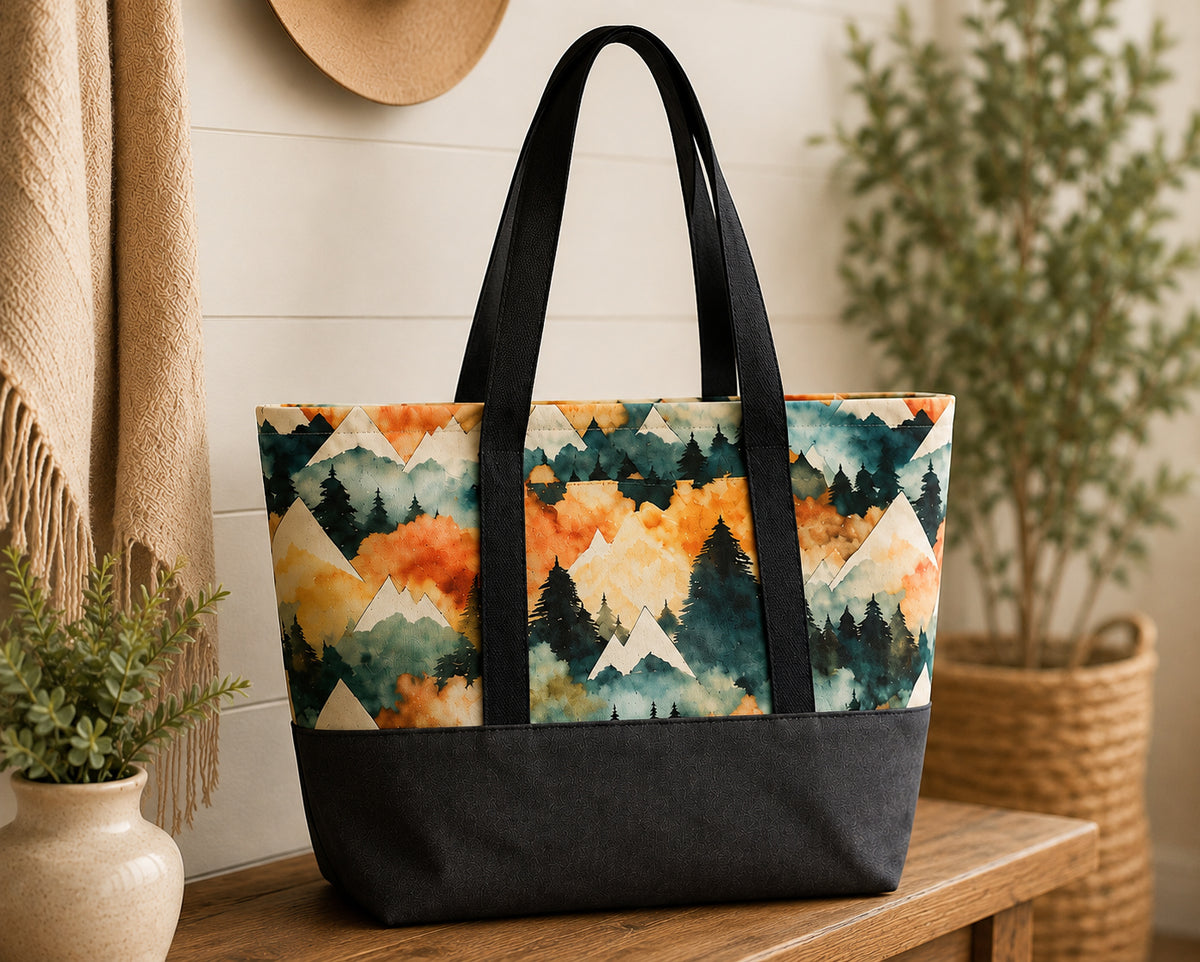 Mountain Forest Denim Tote Bag – Handmade Everyday Tote with Exterior Pocket