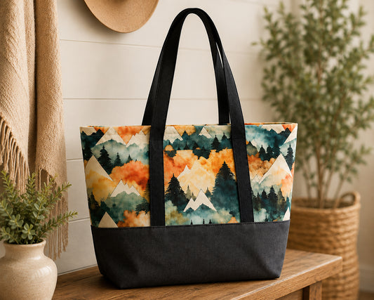 Mountain Forest Denim Tote Bag – Handmade Everyday Tote with Exterior Pocket