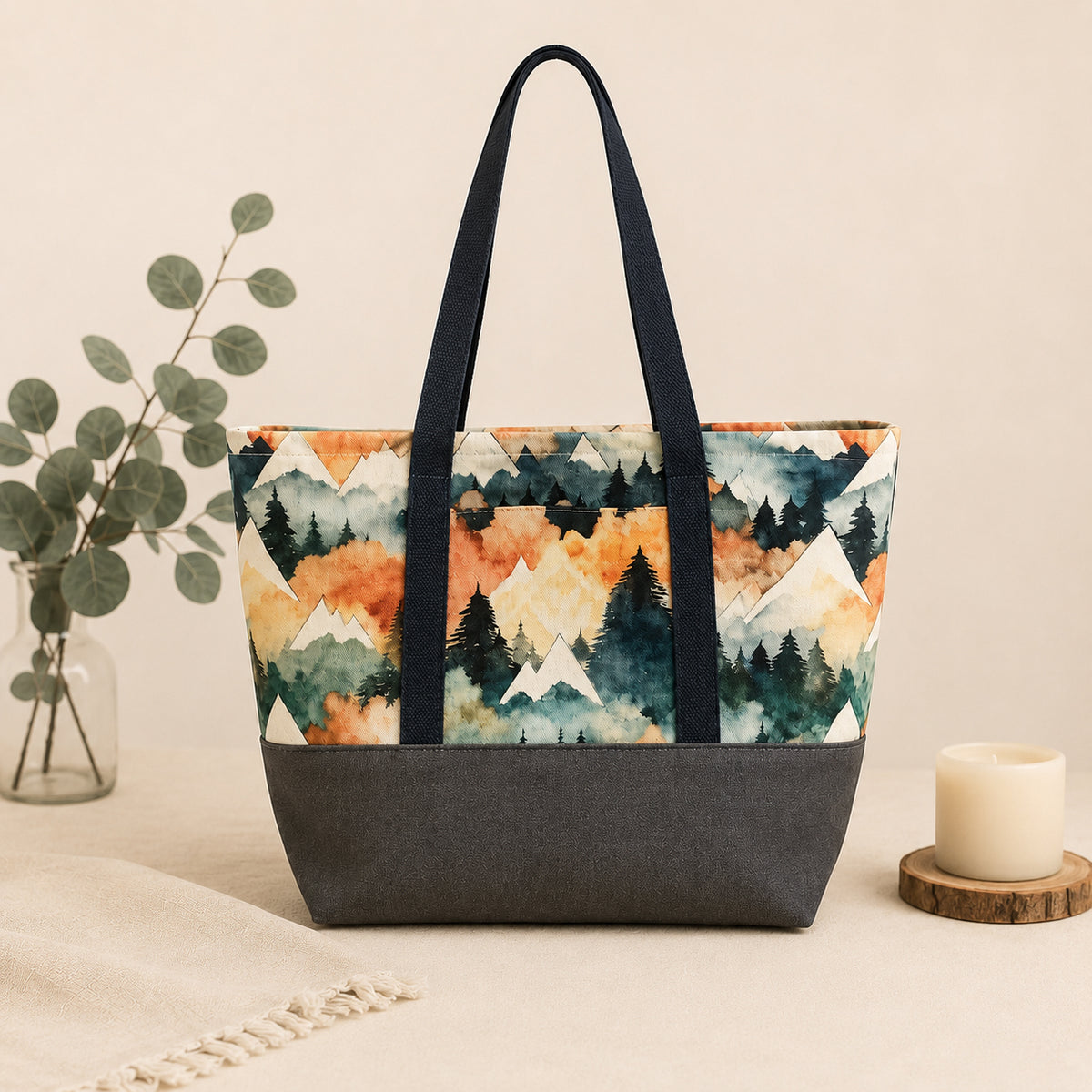 Mountain Forest Denim Tote Bag – Handmade Everyday Tote with Exterior Pocket