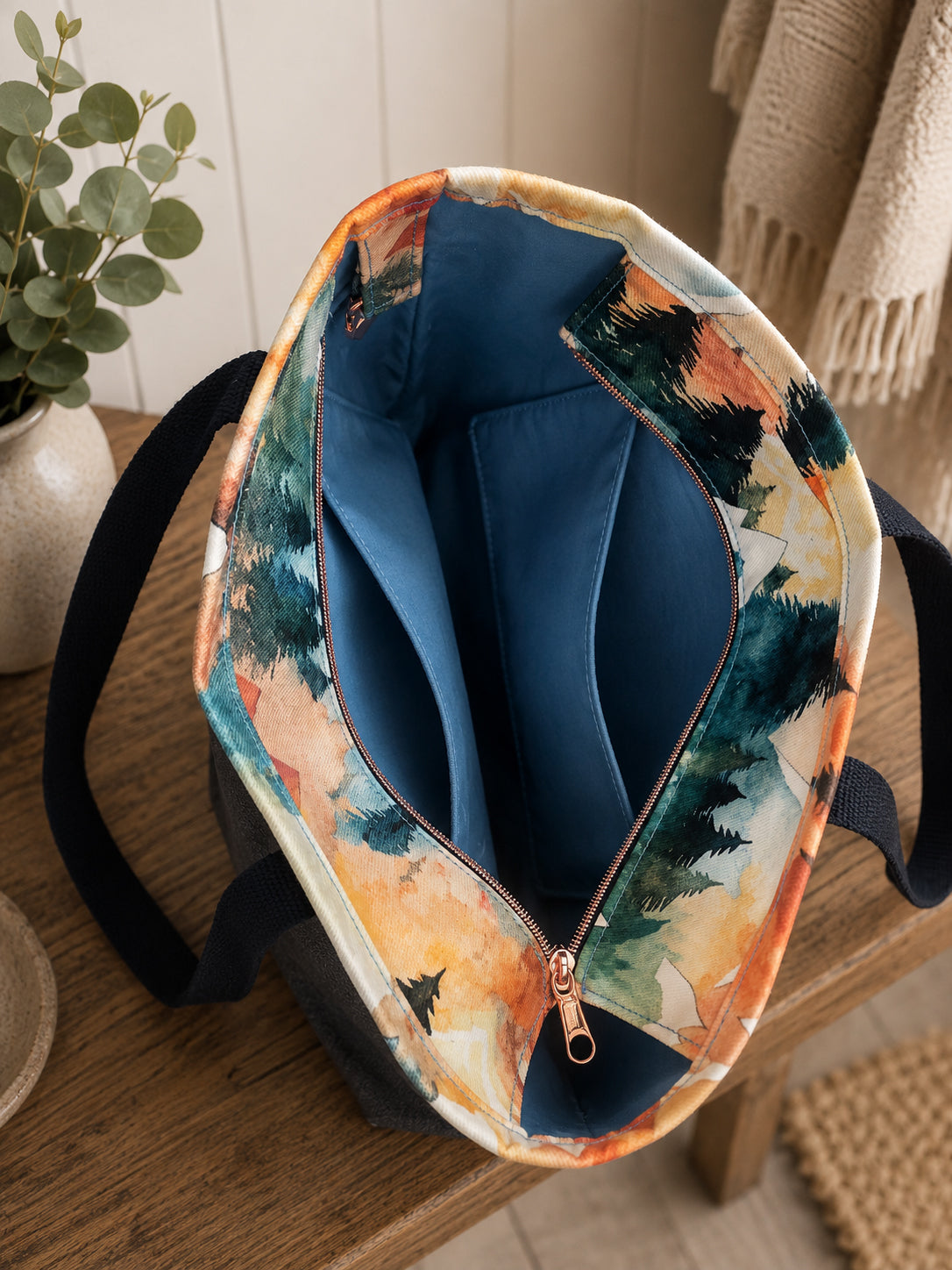 Mountain Forest Denim Tote Bag – Handmade Everyday Tote with Exterior Pocket