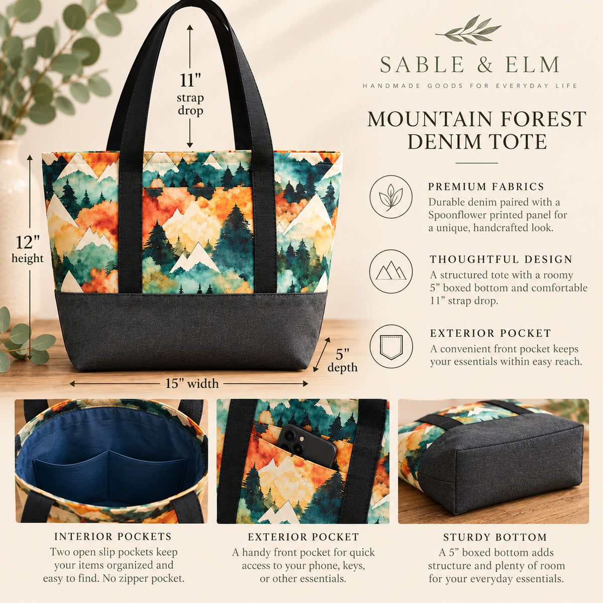 Mountain Forest Denim Tote Bag – Handmade Everyday Tote with Exterior Pocket