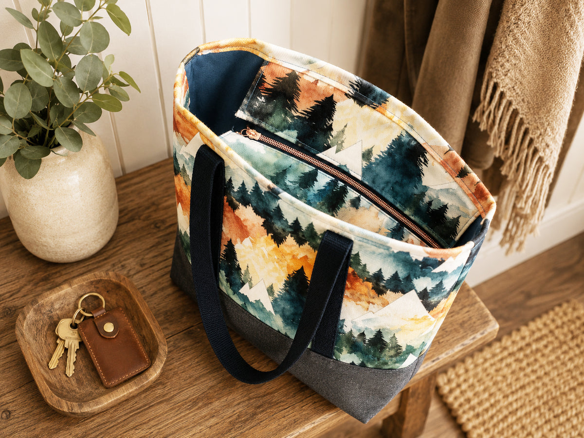 Mountain Forest Denim Tote Bag – Handmade Everyday Tote with Exterior Pocket