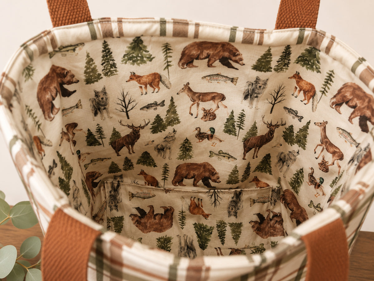 Plaid Woodland Tote Bag – Handmade Everyday Tote with Wildlife Lining
