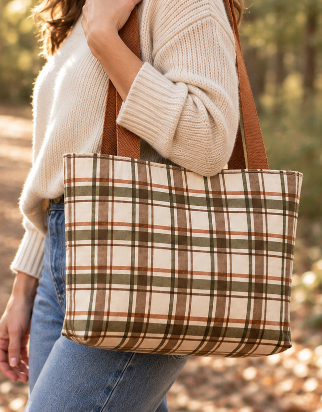 Plaid Woodland Tote Bag – Handmade Everyday Tote with Wildlife Lining