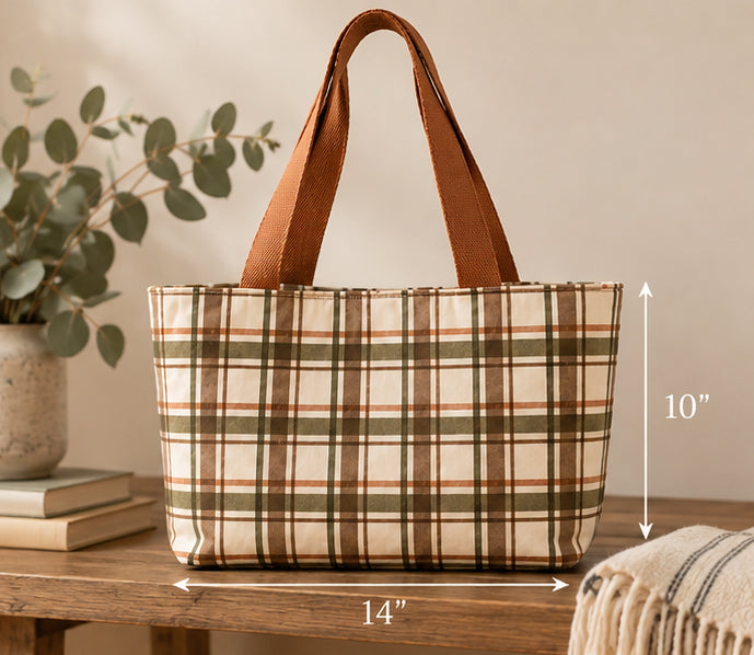 Plaid Woodland Tote Bag – Handmade Everyday Tote with Wildlife Lining