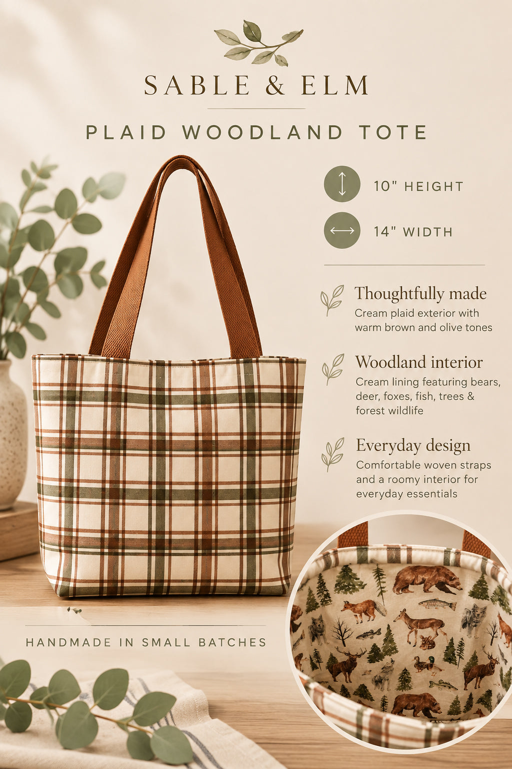 Plaid Woodland Tote Bag – Handmade Everyday Tote with Wildlife Lining