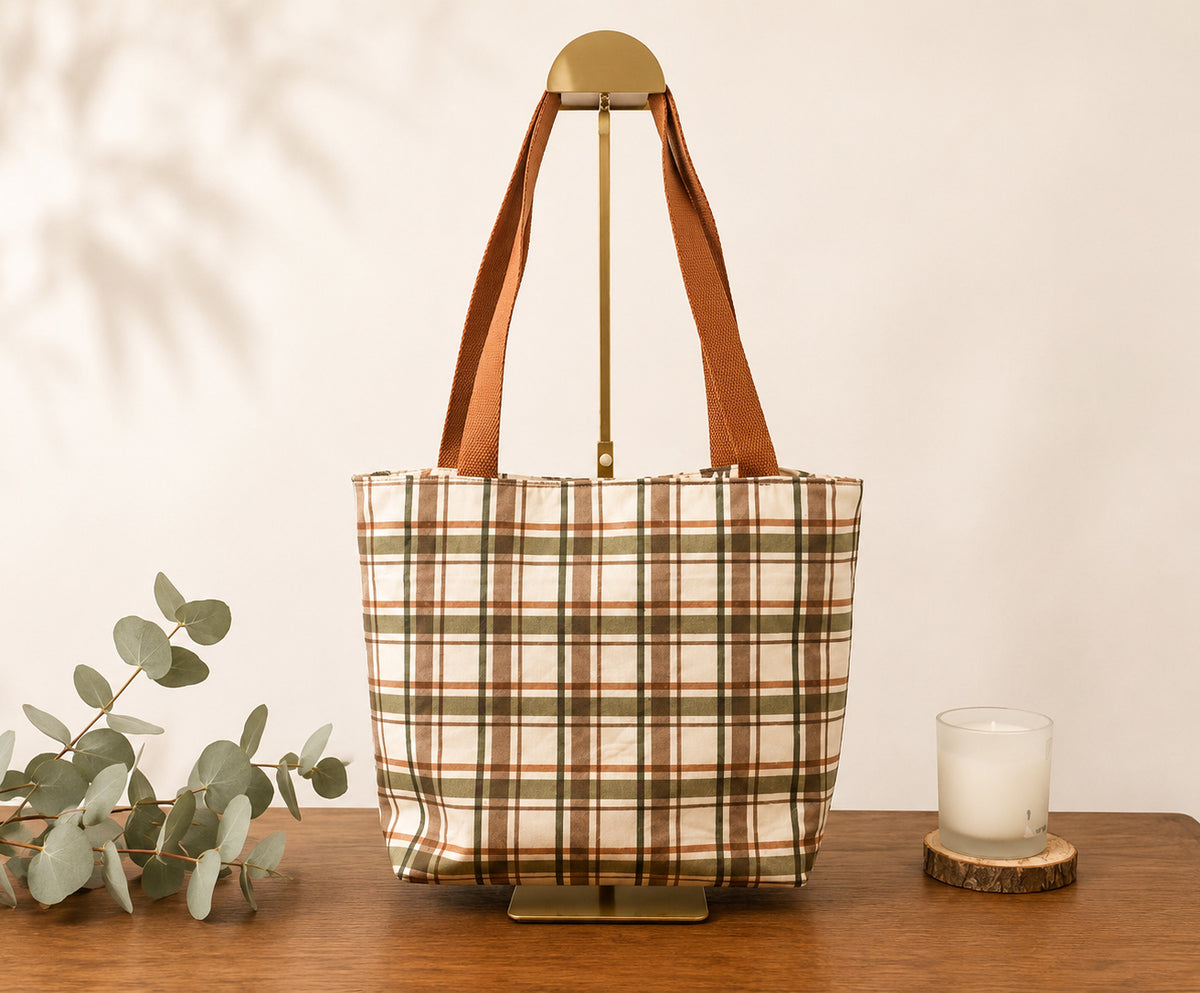 Plaid Woodland Tote Bag – Handmade Everyday Tote with Wildlife Lining