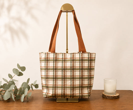 Plaid Woodland Tote Bag – Handmade Everyday Tote with Wildlife Lining