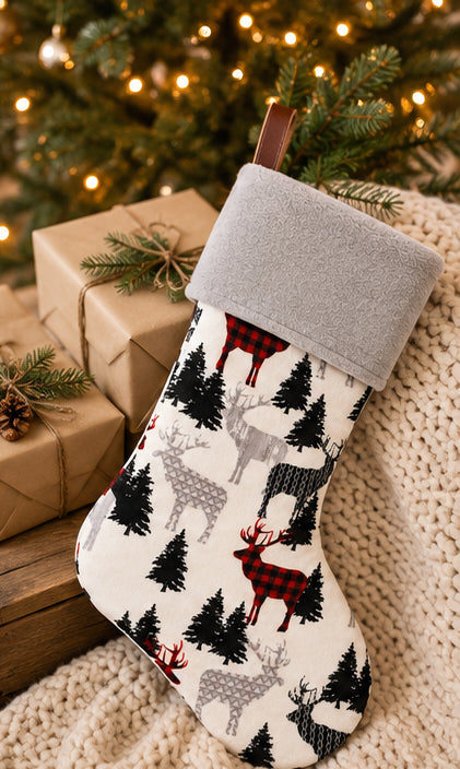 Woodland Christmas Stocking with Leather Hanging Tab