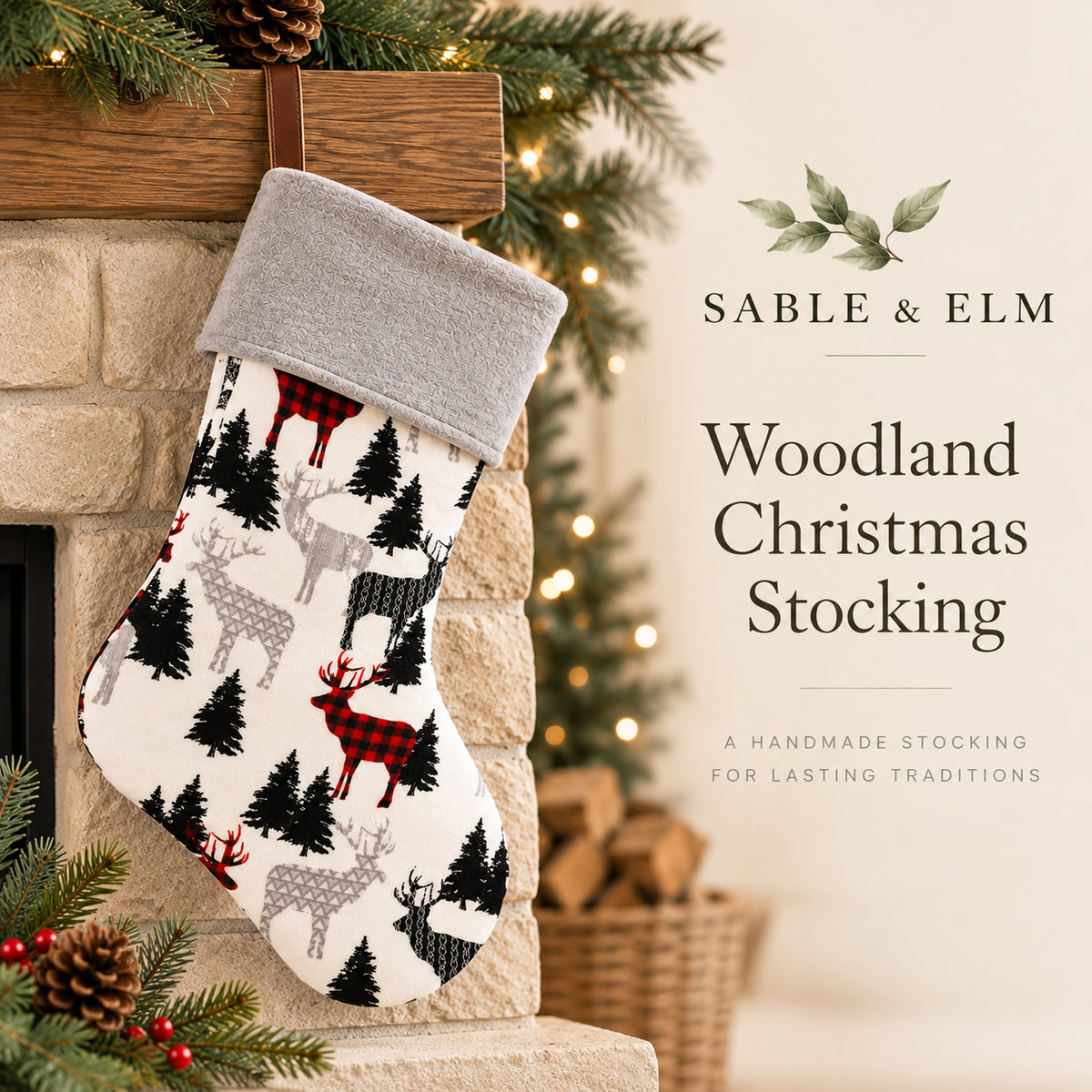 Woodland Christmas Stocking with Leather Hanging Tab