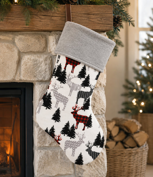 Woodland Christmas Stocking with Leather Hanging Tab