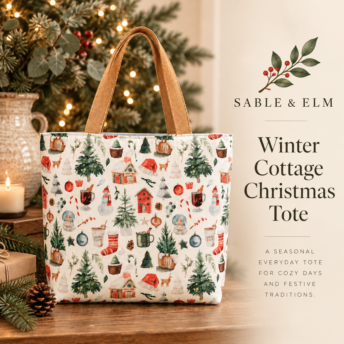 Winter Cottage Christmas Tote Bag – Handmade Seasonal Canvas Tote