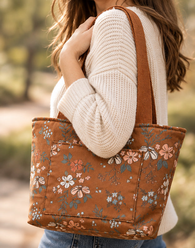 Wildflower Cotton Tote Bag – Small Handmade Tote with Exterior Pocket