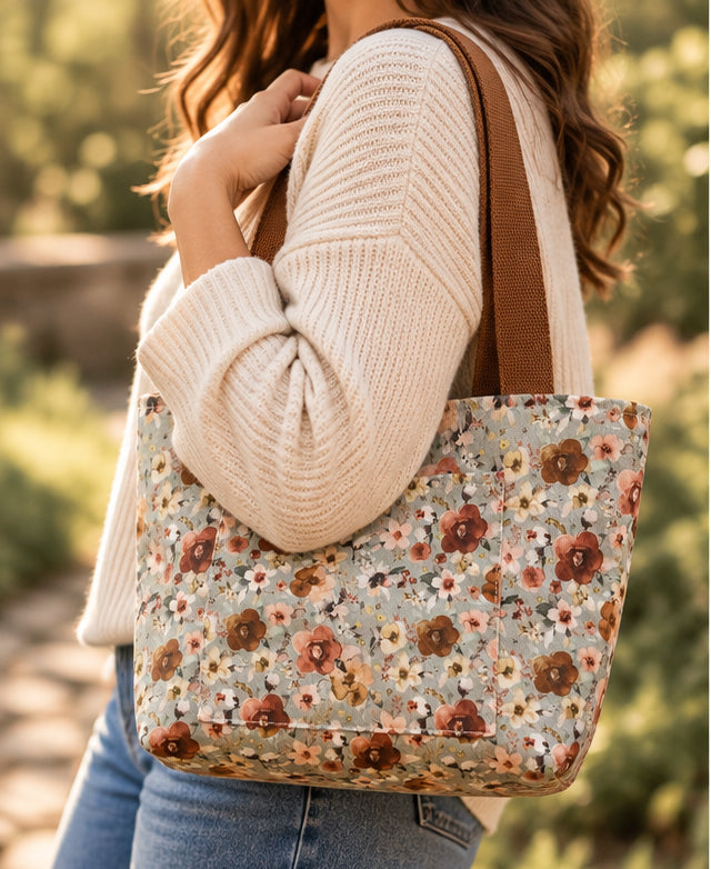 Meadow Floral Tote Bag – Small Handmade Tote with Front Pocket
